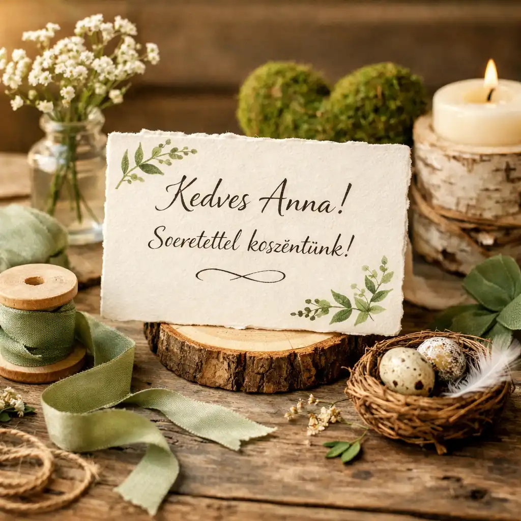 Személyre szabott dekoráció kézzel írt üdvözlőkártyával, botanikai elemekkel és egyedi asztaldíszekkel